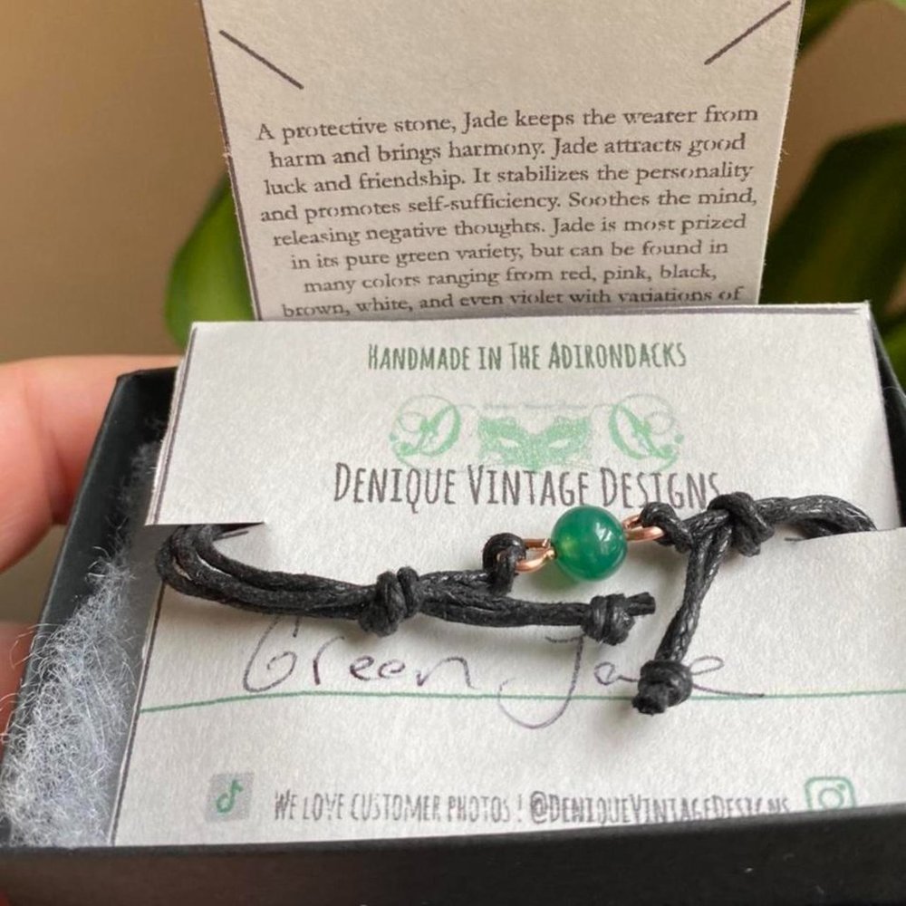6mm Green Jade bead on copper wire waxed cord adjustable bracelet